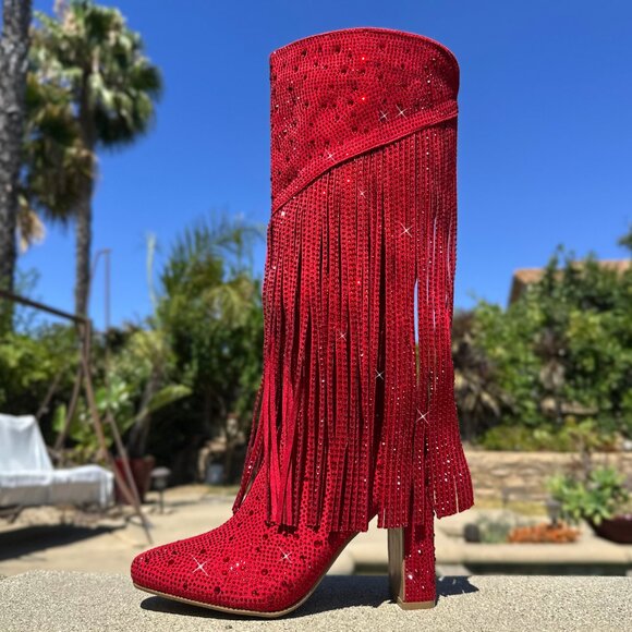 New Red Rhinestone Crystal Fringe Western Cowboy/Cowgirl Boot Knee High Heel Zip - Picture 4 of 7